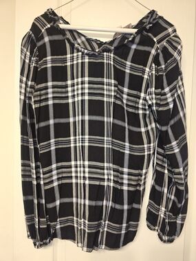 LOFT Black White Plaid Long-Sleeve Blouse